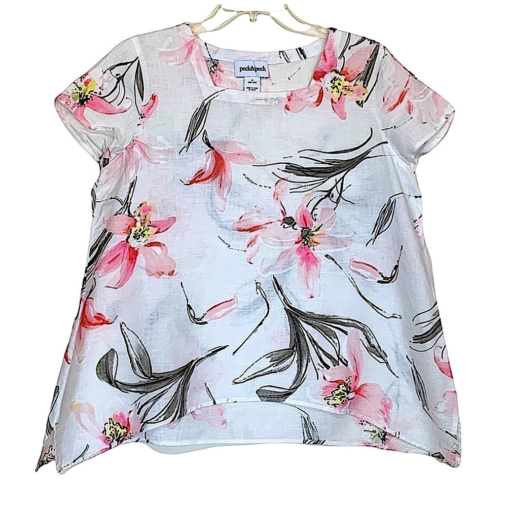 Peck & Peck White Floral Print Linen Shark Bite Hem Short Sleeve Top Small